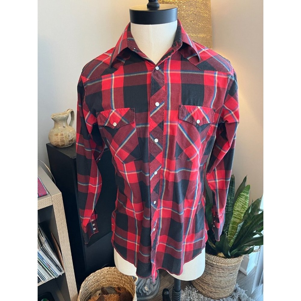 Wrangler Mens L Western Flannel Pearl Snap Button Down Shirt Red/Black Plaid